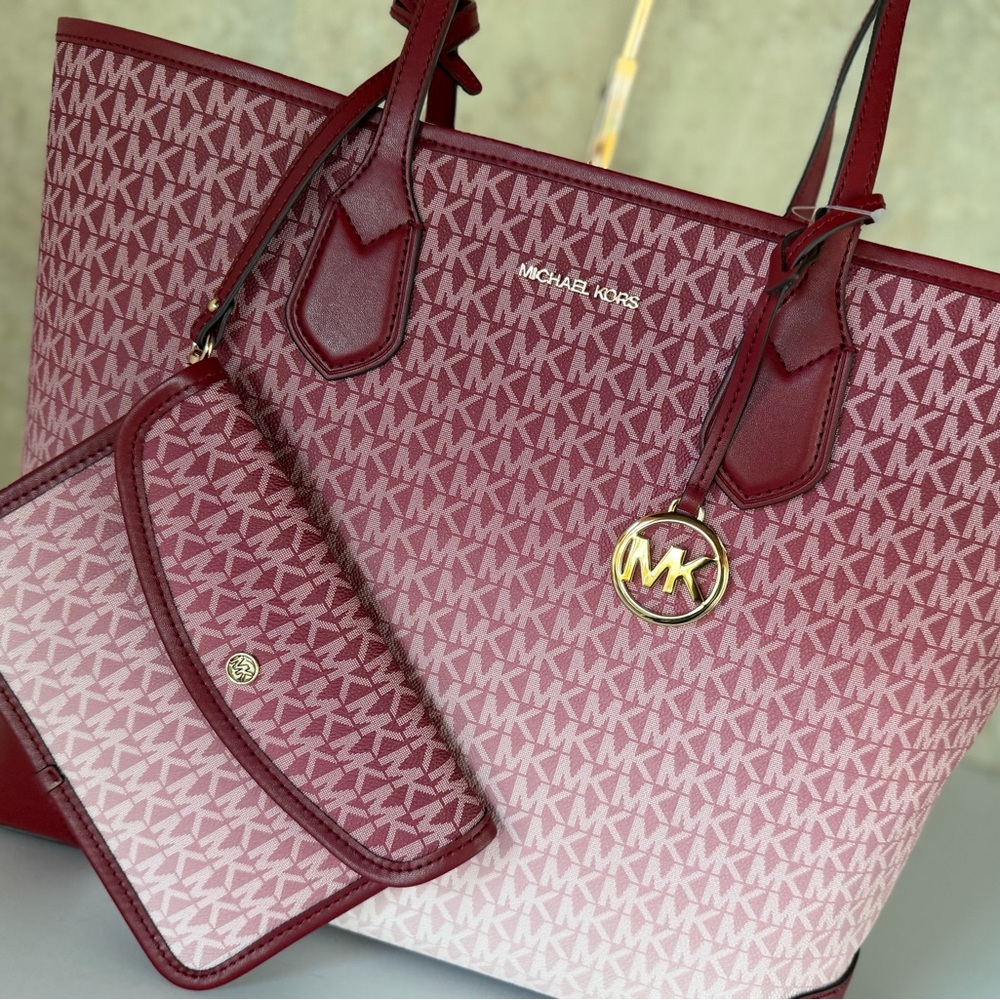 Michael Kors Eva Large Tote Shoulder Bag + 1 Pouch MK Ombre Cherry - Picture 13 of 15